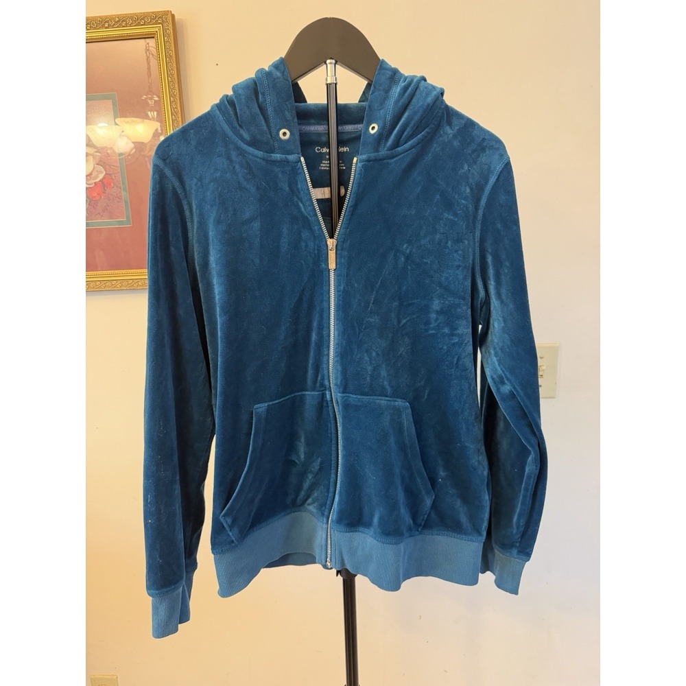 Calvin Klein Full Zip Teal Velvet Jacket Hoodie  Sz. M Gold Hardware